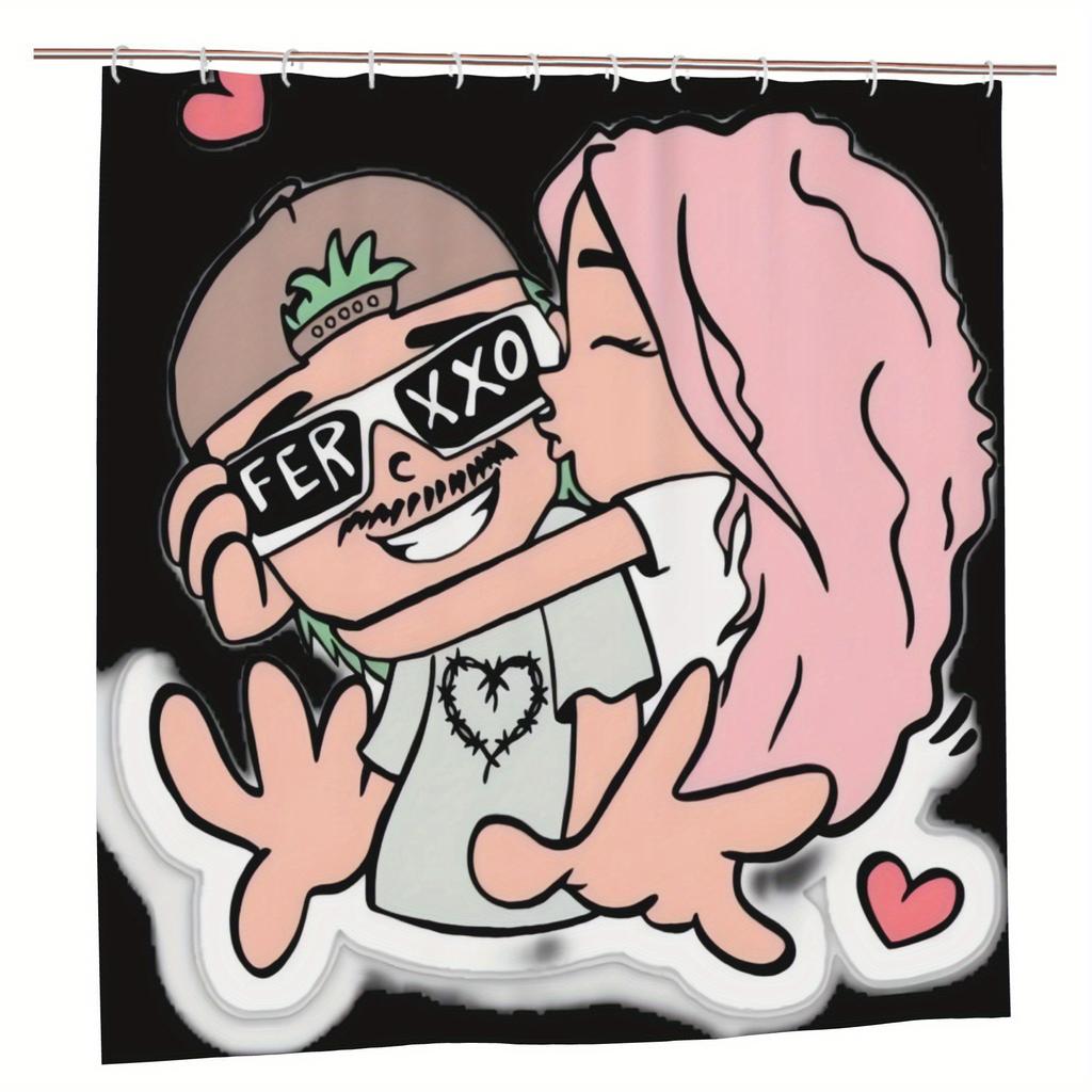 Feid & Karol G Shower Curtain - Inspirational Fashion Design with "FER XXO" & Heart Graphics, Durable Polyester, Machine Washabl