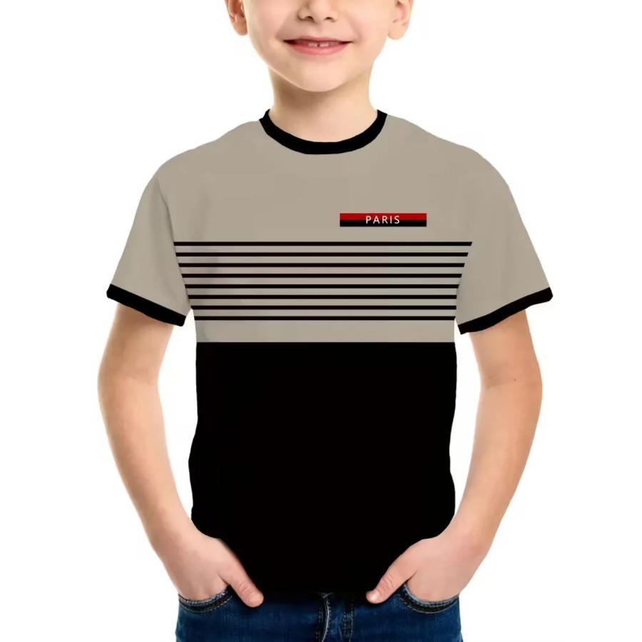 Boys' T-Shirt Simple Paris Letter Print Summer Short Sleeve Tees Loose Fashion Round Neck Tops Stripe Streetwear Kids Clothing