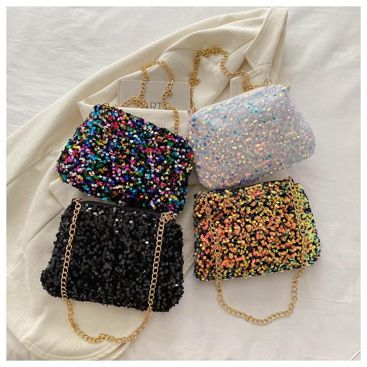 Black And White Sparkly Underarm Bag Women 2024 New Spring Nightclub Chain Small Square Bag Street Fashion