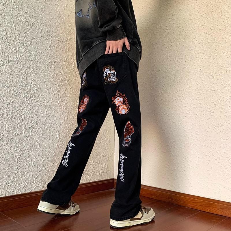 JYL Men s Jeans American High Street Skull Print Vibe Loose Straight Denim S