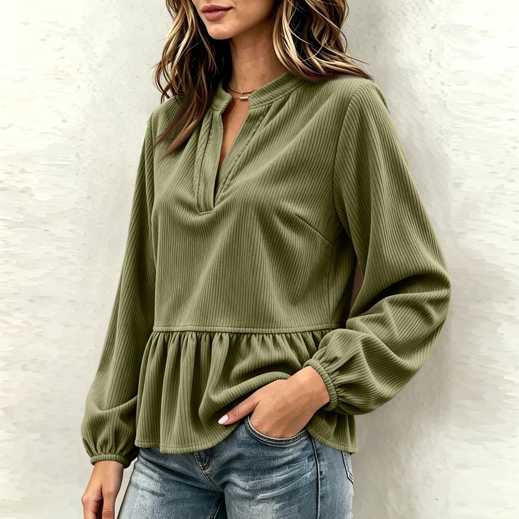 Women's Casual Corduroy V-Neck Ruffle Long Sleeve Top
