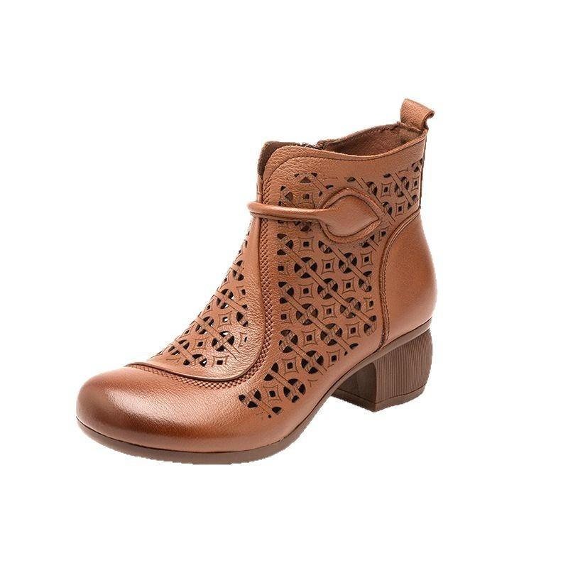 Summer new breathable hollow Martin cool boots casual first layer cowhide retro thick high-heeled mother hole shoes