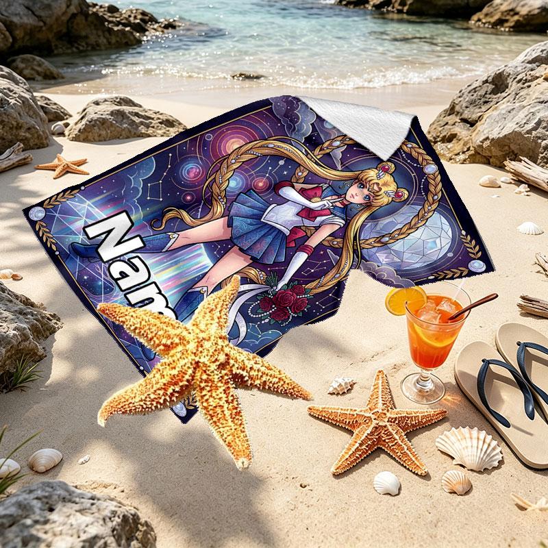 Custom Name Personalized Sailor Moon Print Beach Towel, for Trip Camping Beach Party Home Decor, Birthday Gift for Family & Friends