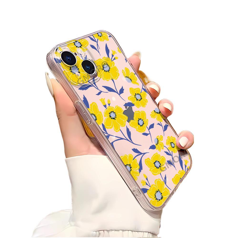 Chunri's New Yellow Floral Mobile Phone Case Is Suitable for iPhone16 Transparent Case, Apple 17Pro All-inclusive TPU Soft Case.