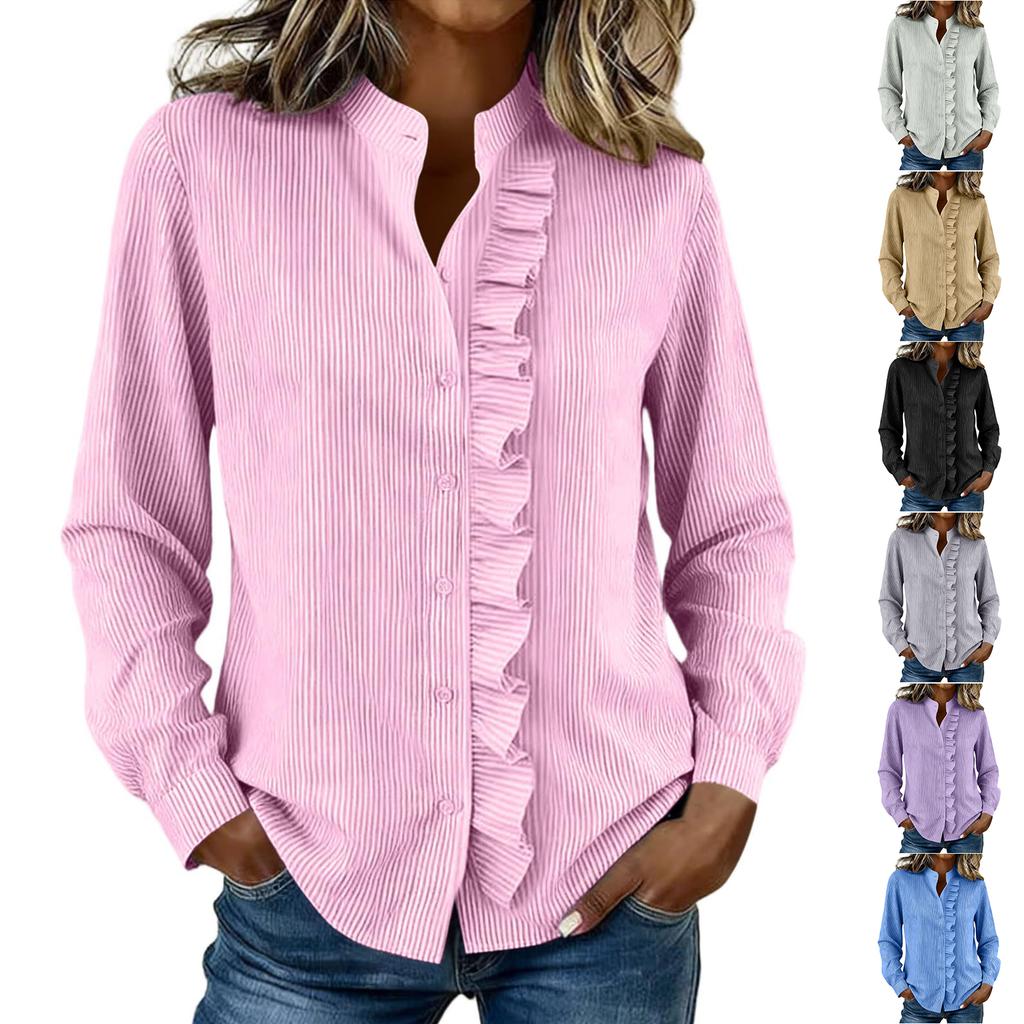 Women's Fashion Loose-Fit Lace-Trim Pleated Stand Collar Shirt Striped Top