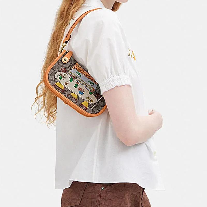 New COACH Observed By Us Collaboration Swinger Fabric With Cow Leather Shoulder Bag Handbag Mahjong Women's Oak Maple CK480-B4S0M
