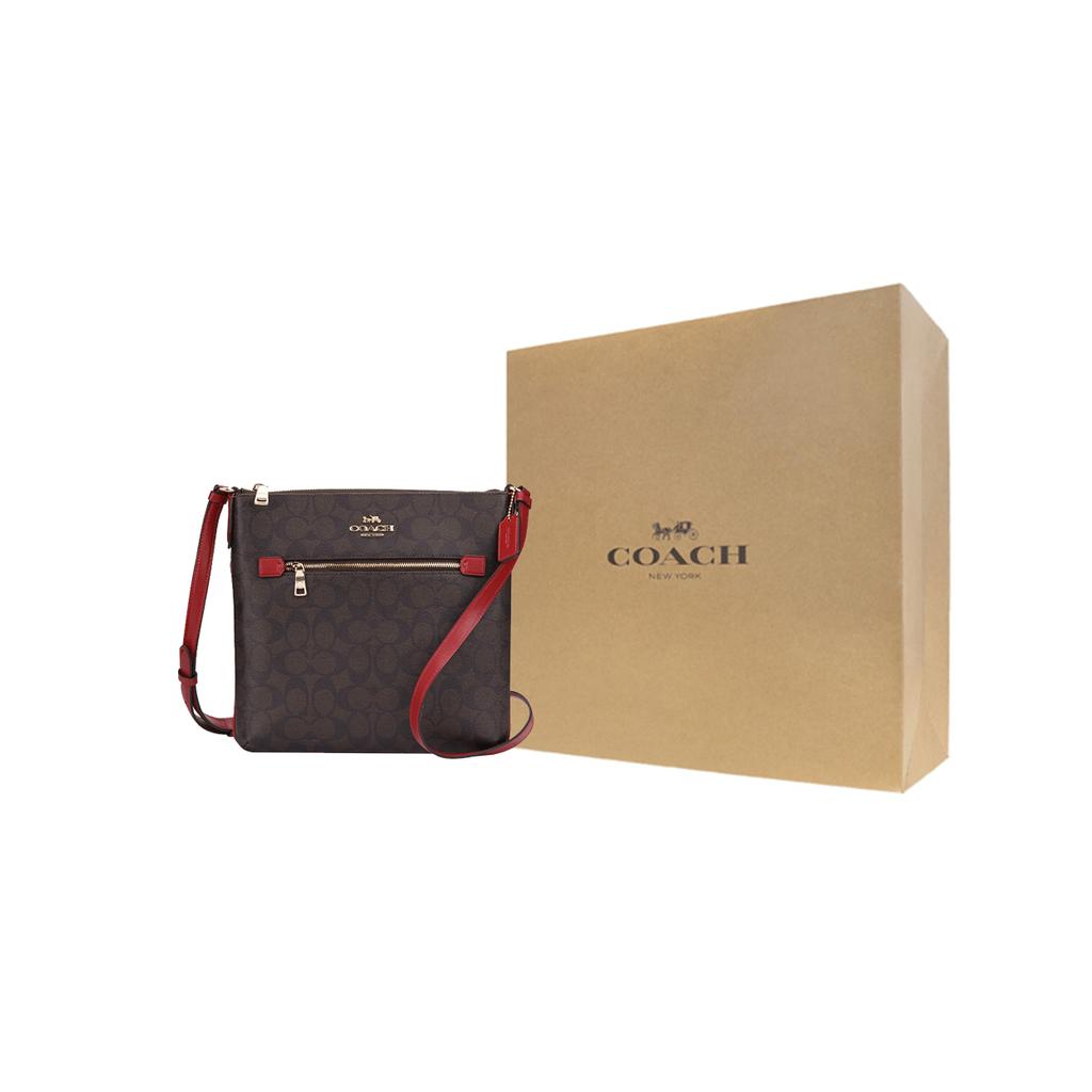 New COACH Rowan Canvas With Leather Document Bag, Crossbody Bag, Shoulder Bag Medium Women's Dark Brown & Red C1554-IMRVQ