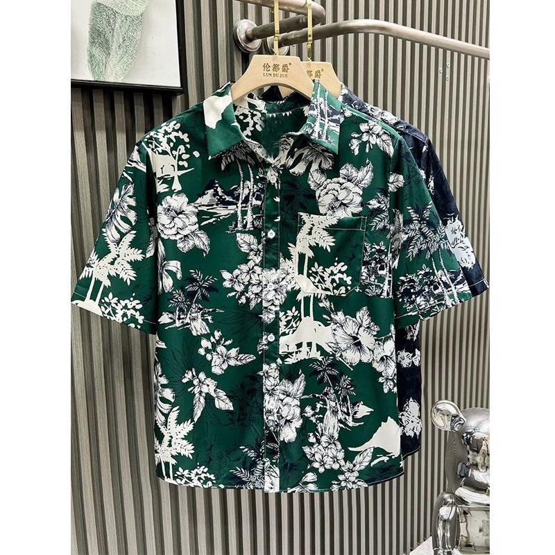 Men Clothing Summer Trendy Floral Print Hawaii Holiday Beach Shirt Casual Lapel Short Sleeve Pocket Loose Tops Camisa Masculina