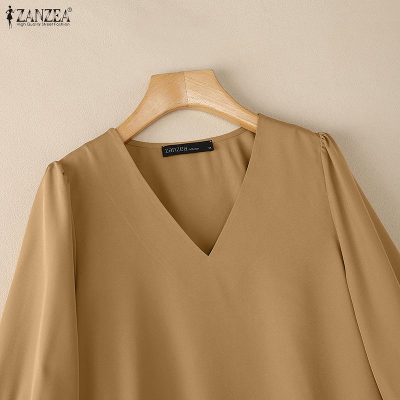 ZANZEA Women Casual V-Neck 3/4 Sleeve Loose Elegant Blouse