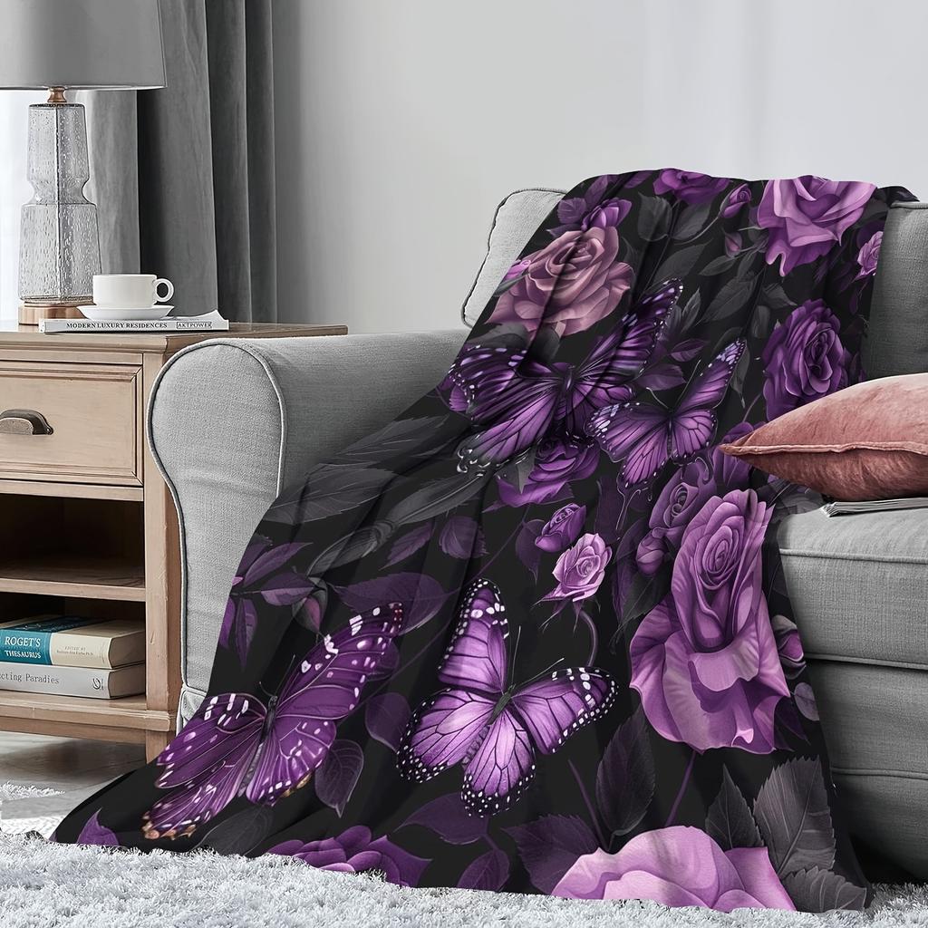 1pc Gift Blanket For Daughter Purple Petal Flower Butterfly Art Soft Blanket Flannel Blanket For Couch Sofa Office Bed Camping T