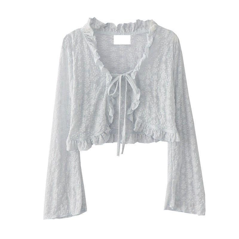 Women's Summer Chiffon Cardigan with Ruffle Lace-up and Bell Sleeves