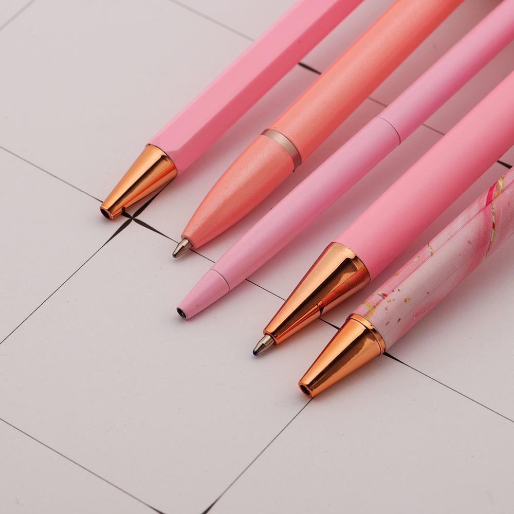 Cute Pink Press Rotate Ballpoint Pen Papetărie din metal Kawaii de lux Rechizite de birou pentru școală 5 bucăți