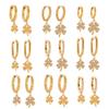 Qiong Yao 5A Zircon Four-Leaf Clover Pendant & Flower Ear Studs Hoops, PVD Gold-Plated Titanium Steel Jewelry.