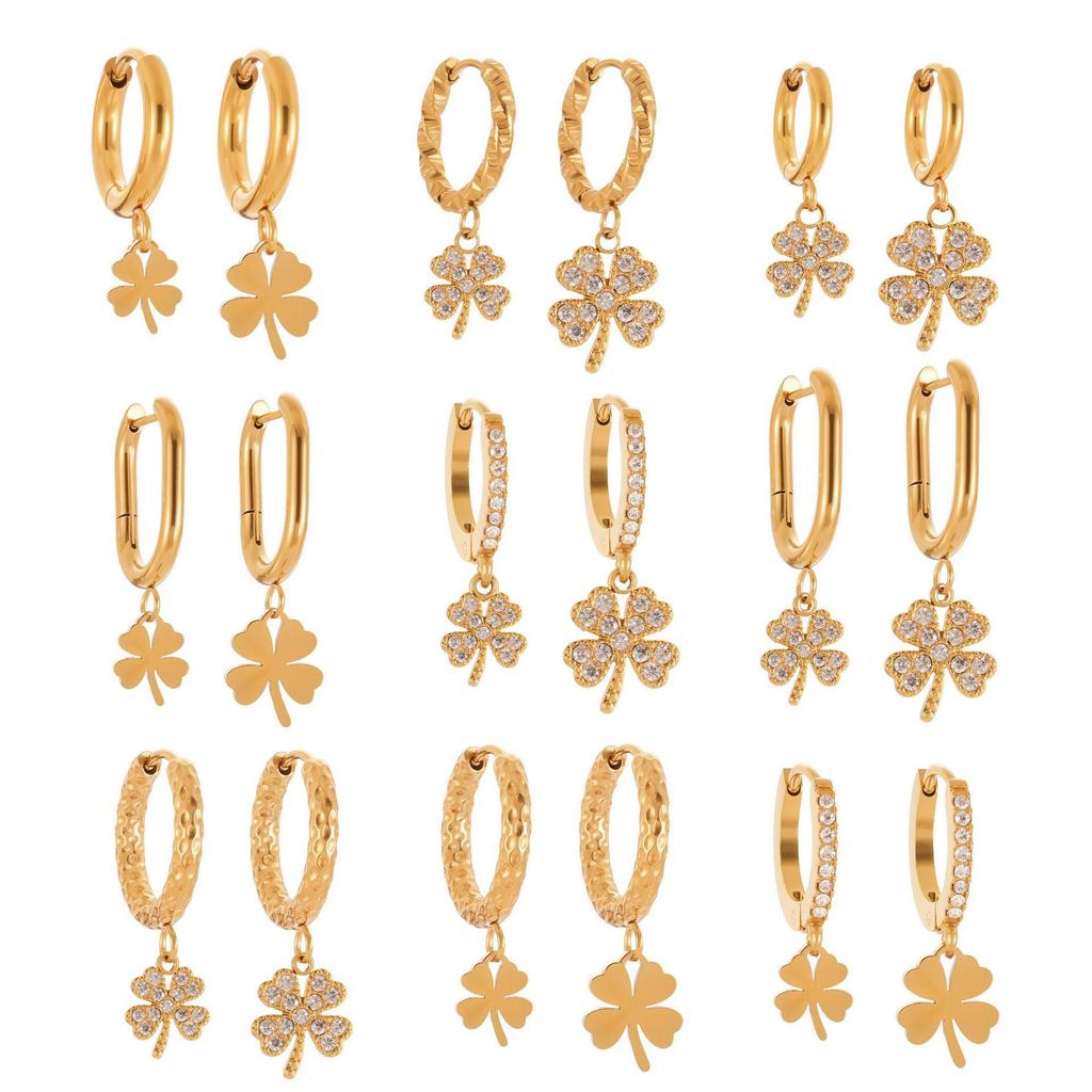 Qiong Yao 5A Zircon Four-Leaf Clover Pendant & Flower Ear Studs Hoops, PVD Gold-Plated Titanium Steel Jewelry.