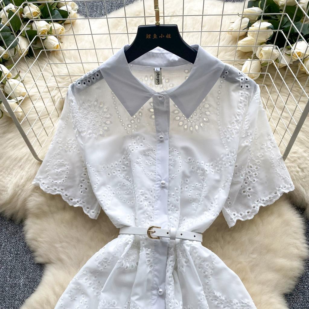 Letní dámské elegantní odkládací límec s výšivkou a květinovou výšivkou, dlouhé midi košile, společenské šaty