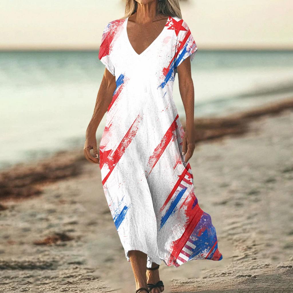 Sommerkleid Damen Lang Strandkleid Elegantes Kleid V-Ausschnitt Kurzarm Sommerkleid Leicht Luftig