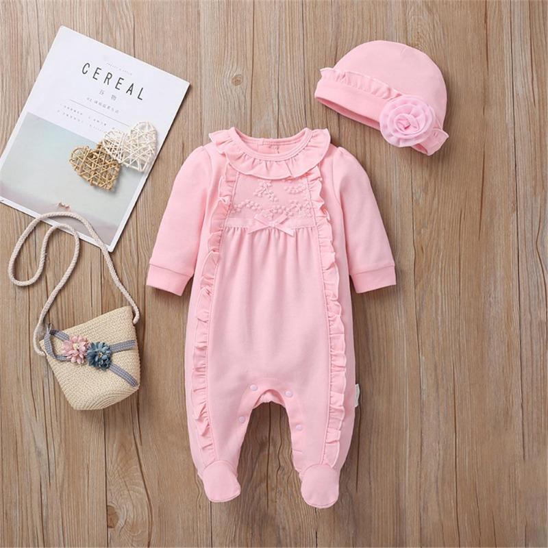 0-8 Måneder Baby Girl Klær Sett Nyfødt Baby Girl Bomullsantrekk Broderi Volanger Foot Wrap Romper+3D Flower Hat 2stk