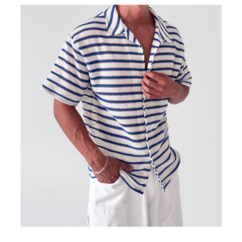 Men's Striped Knit Short Sleeve Button Up Shirt Casual Breathable Fashion Top for Summer Daily Wear