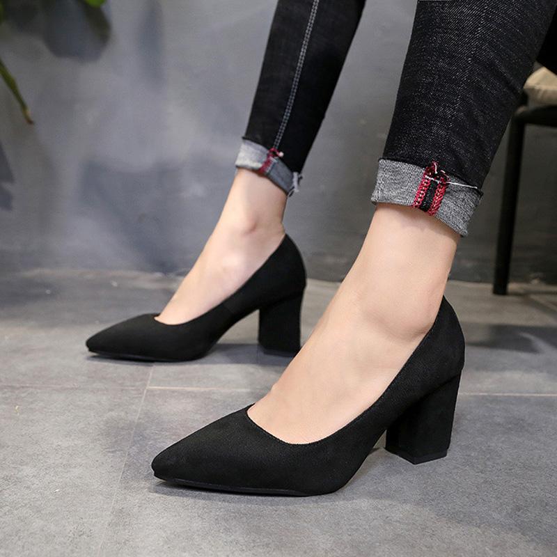 Autumn Shoes Woman Pumps Low Thick Heels Comfortable Women Work Shoes Flock Round Toe Casual Ladies Shoe Sapato Feminino WSH3183