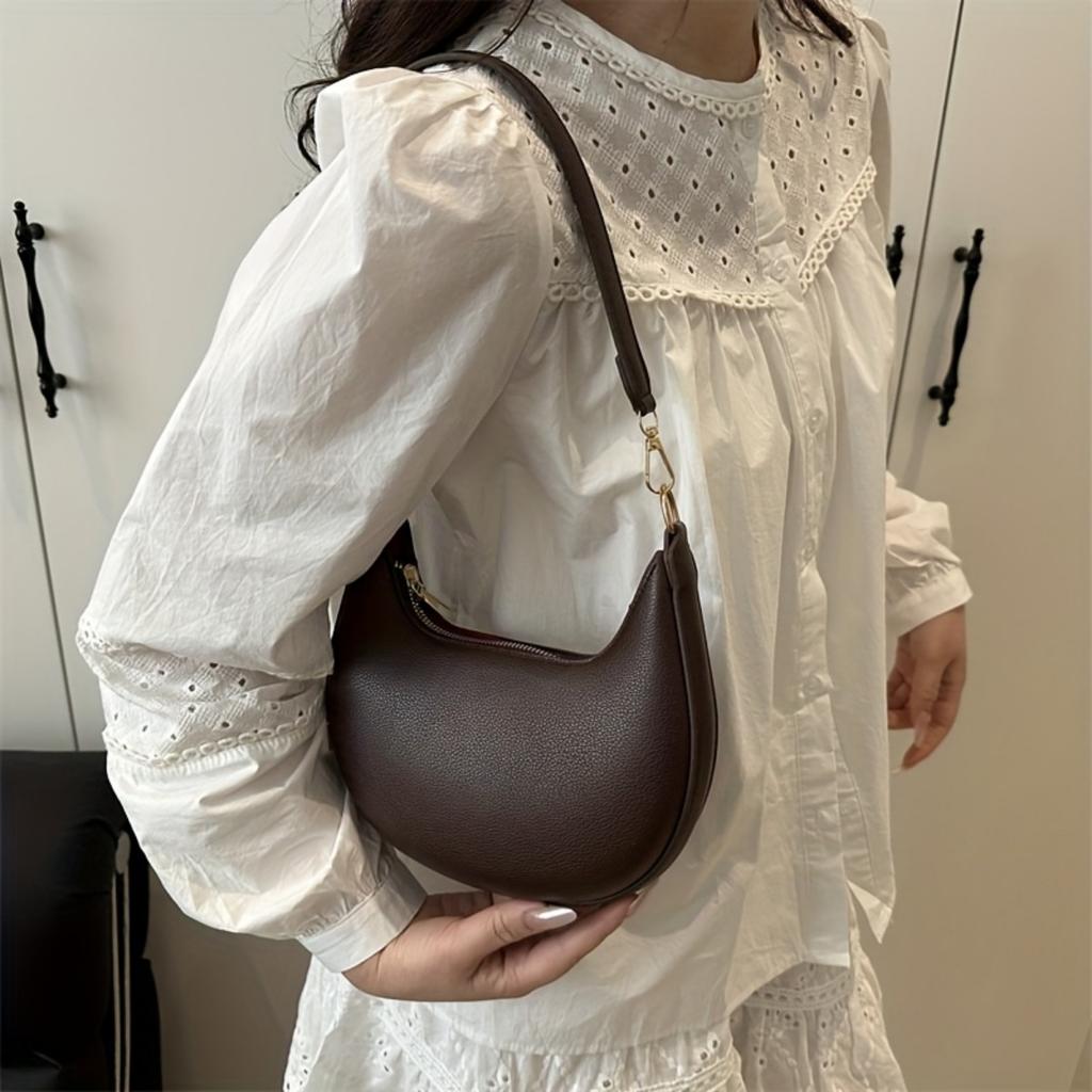Ladies' Crescent Shaped Crossbody Bag with Detachable Adjustable Shoulder Strap, Magnetic Closure, and Gold Hardware Accessories Shoulder Bag