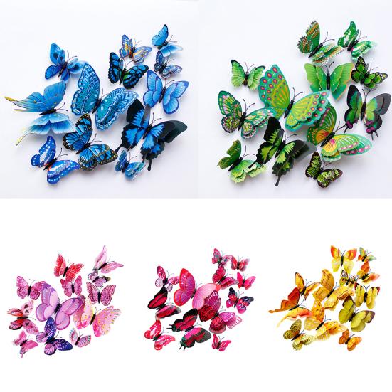12Pcs 3D Two-Layer Colorful Artificial Butterflies Adhesive Magnet Wall Sticker