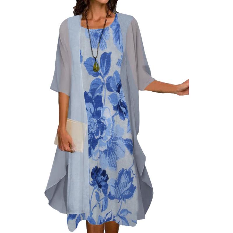 Women s Casual Floral Print Round Neck Slim Pocket Dress Long Skirt L синий
