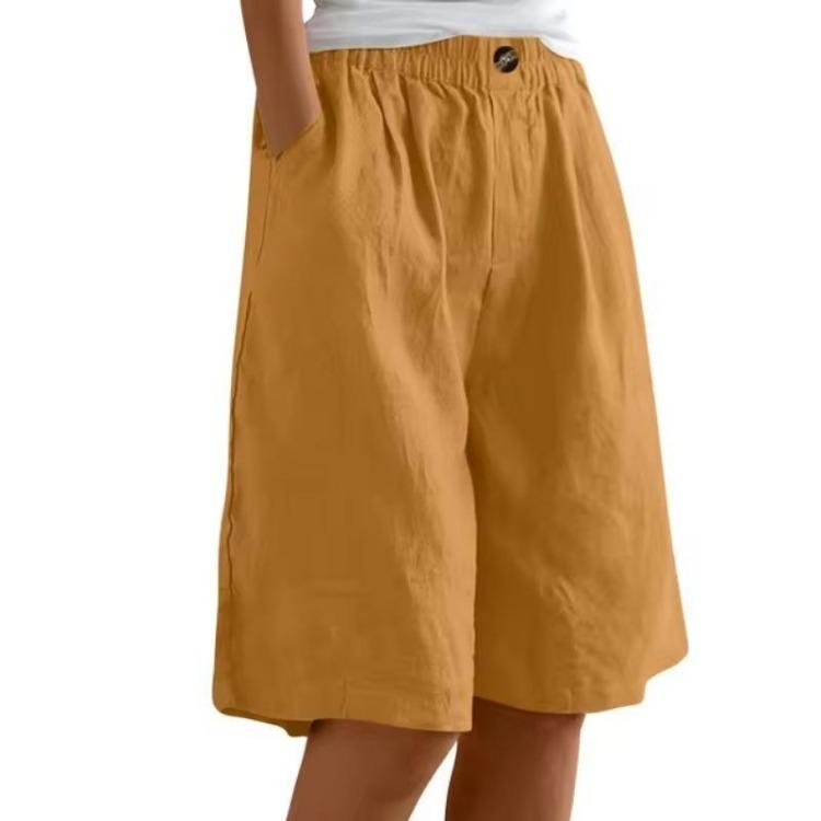 Pantaloni Corti da Donna in Cotone e Lino Moda Vita Elastica Ampia Colore Unico Tasca Bottone Pantaloncini Capris da Donna