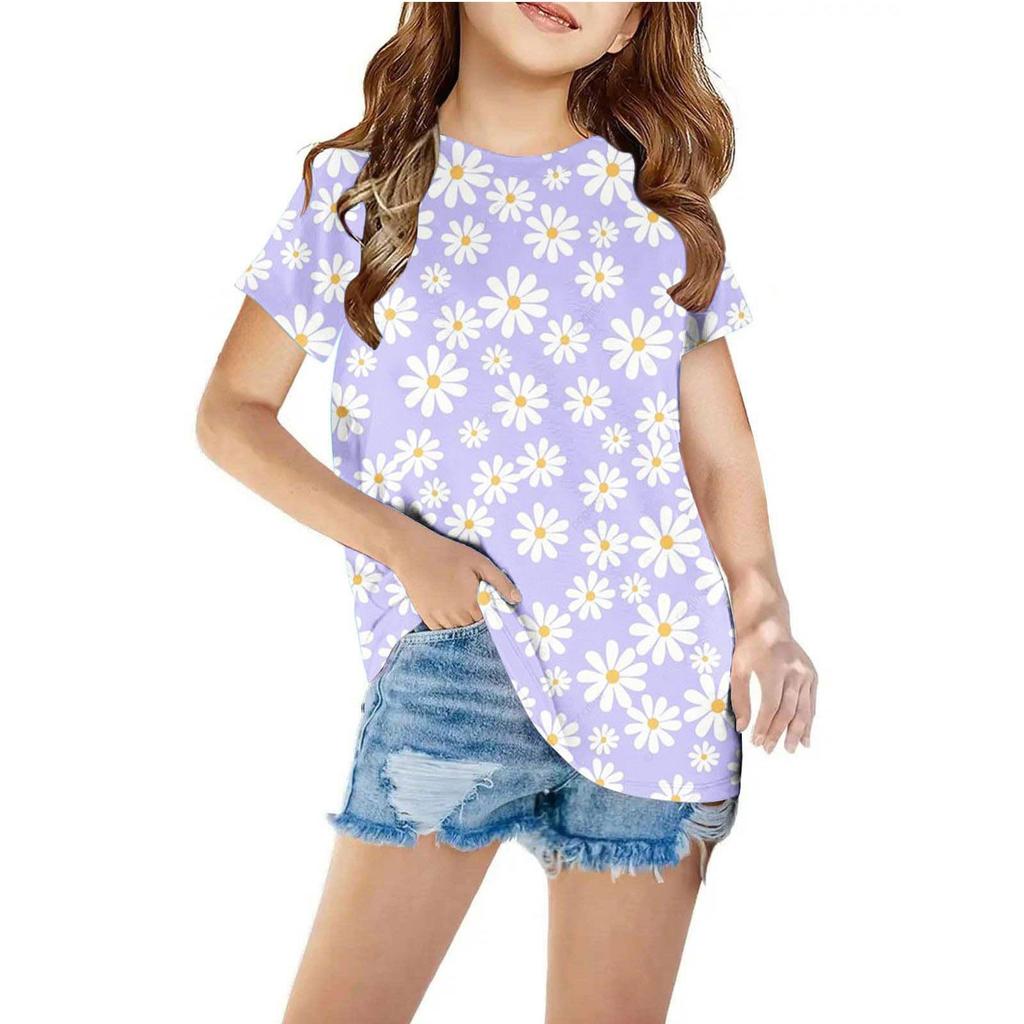 Kids T-shirts Summer Children's Clothing Flower Digital Print Girls' Round Neck Short Sleeved T-shirt