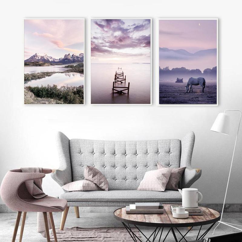 Purple Sunset Nature Landscape Art Poster Starry Night Foggy Mountain Canvas Painting Wall Print Nordic Home Decoration Picture