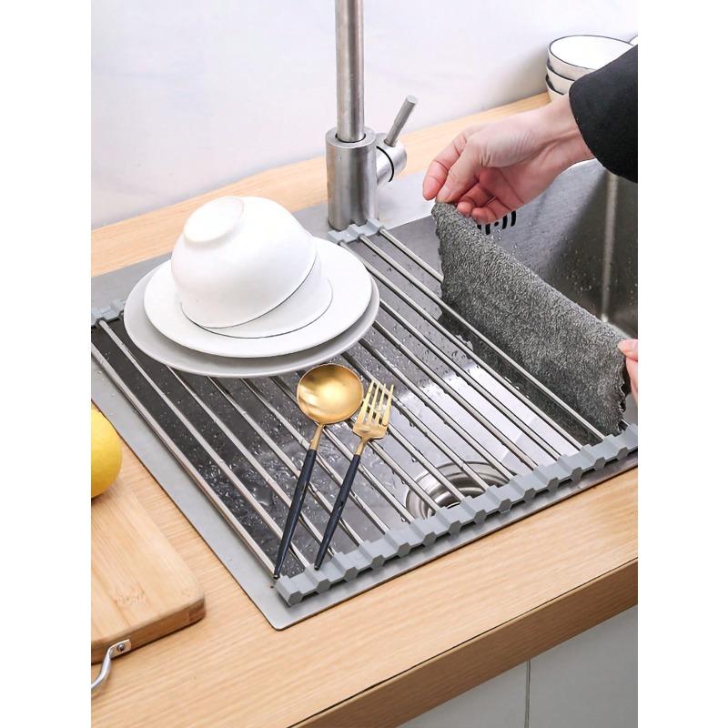 Roll Up Dish Drying Rack, Over The Sink Stainless Steel Multifunctional Dish Drain Rack, Portable Stainless Steel Rolling Rack, Sink Rack Mat
