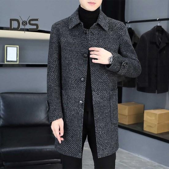 Men Woolen Coat Lapel Long Sleeve Single Breasted Mid-Length Overcoat with Pockets Casual Daily Wear