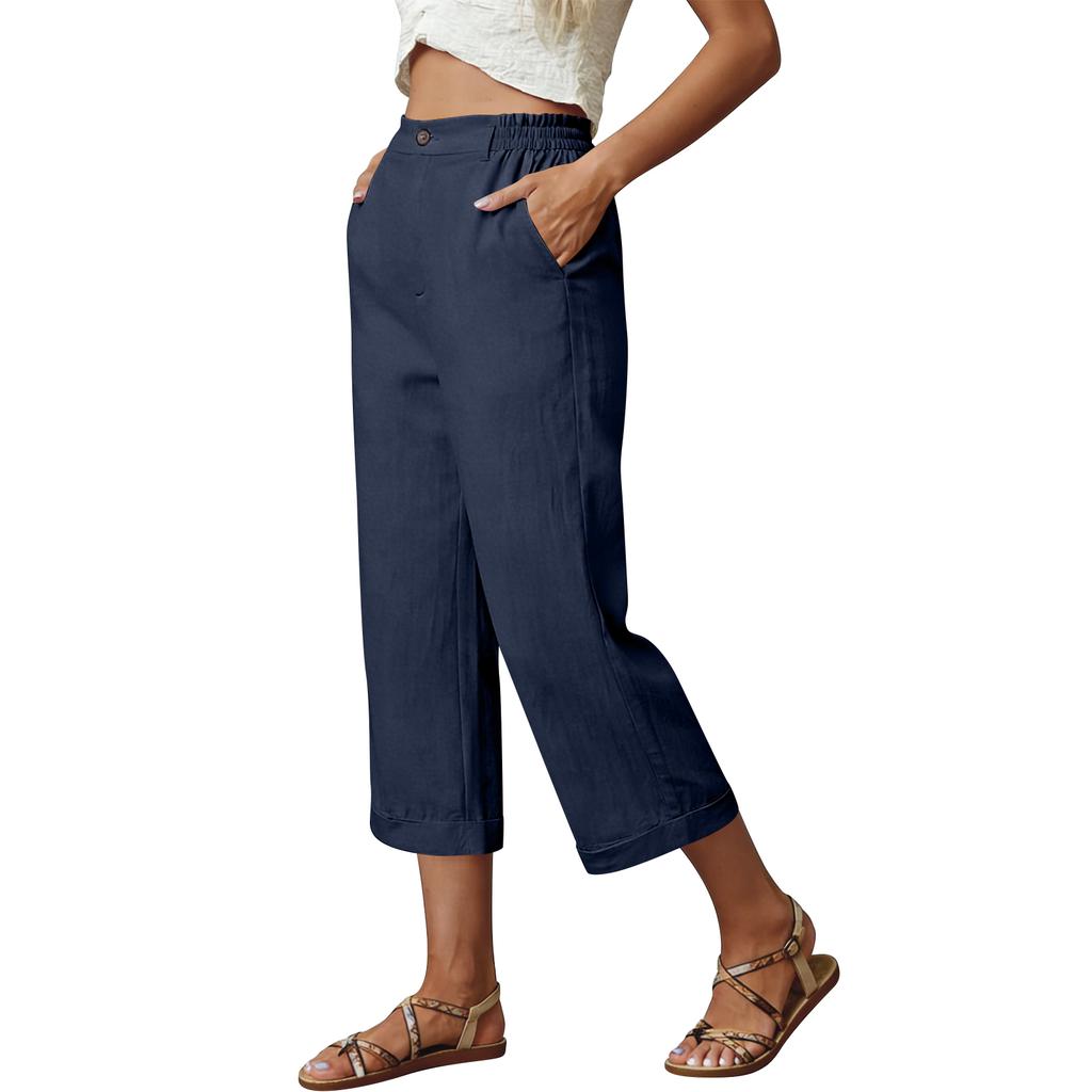 Women’s Wide Leg Cropped Pants High Waist Linen Blend Trousers with Side Pockets Relaxed Fit for Everyday Wear
