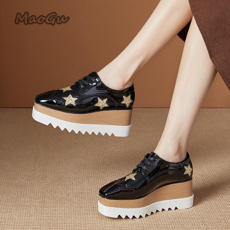Fashion Anti Slip Thick Soled Shoes for Women Lace Up Patent Leather Star Casual Shoes Suqare Toe Elegant High Heel Pumps Size 34-40