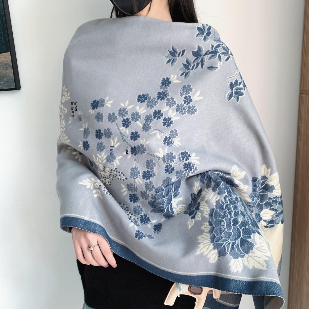 Women's Winter Ink Painting Scarf Shawl - High-End Imitation Cashmere, Knitted for Warmth and Style