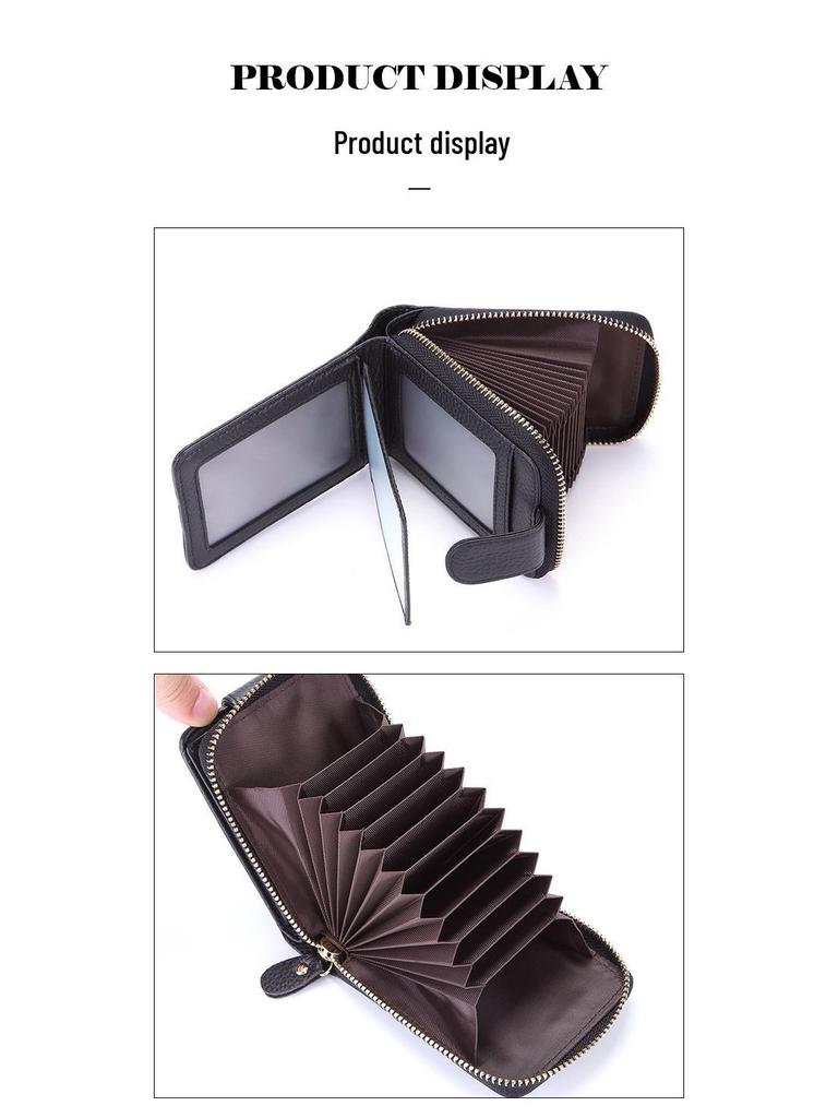 RFID Anti-Theft Cowhide Accordion Card & ID Holder with Zipper
