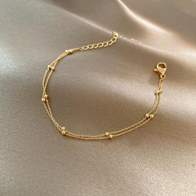 Trendy Double Layers Small Round Beads Bracelet Women's Hand Bracelets Gold Color Chain Simple Female Ball Bracelet Zircon