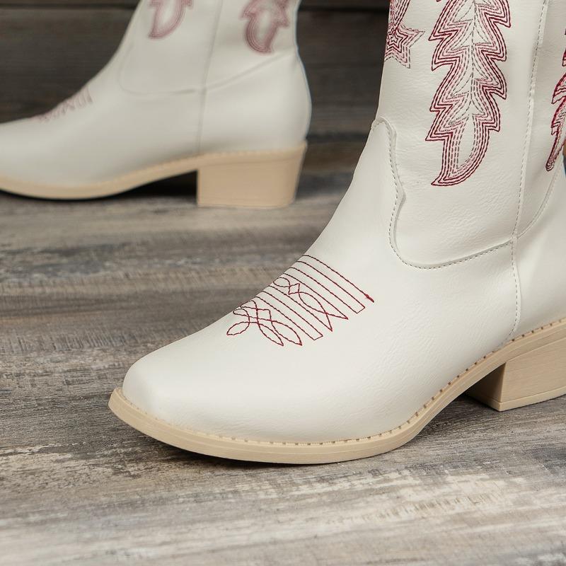 2024 Fashion Women's Shoes Mid-Calf Women's Boots Retro Daily Boots Women Embroidery Slip on Square Toe Square Heel Ladies Shoes