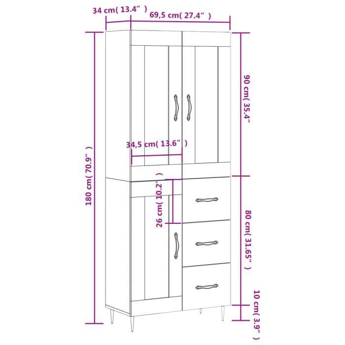 VidaXL Buffet haut Blanc 69,5x34x180 cm Bois d'ingénierie 3198641