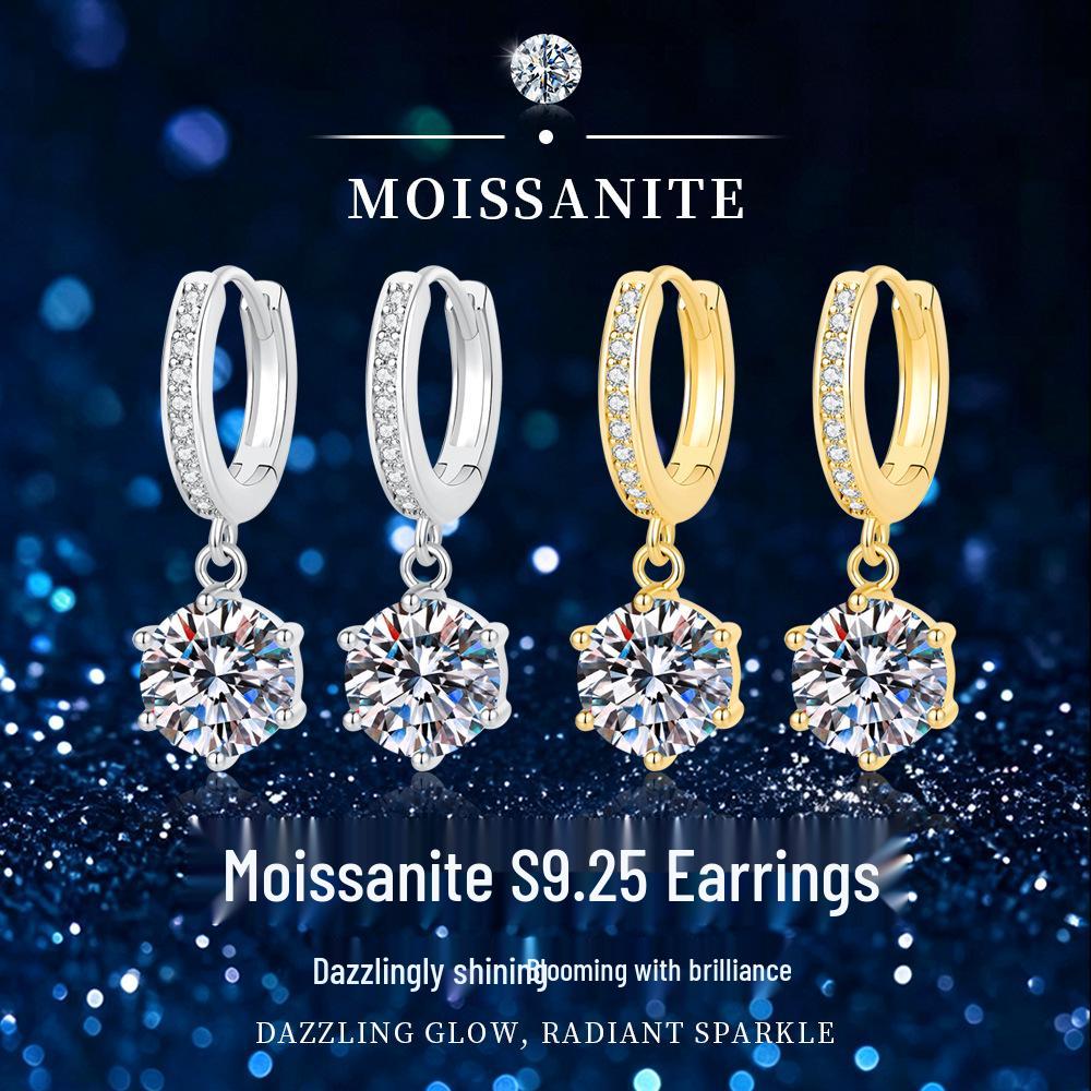 Sterling Silver Six-Prong Moissanite Dangle Earrings for Women: High-End, Fashionable, Versatile Design