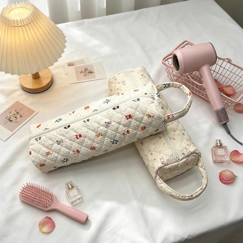 Quilted Hair Dryer Storage Bag With Cute Floral Print Portable Handle Large Capacity Carrying Case For Travel Bathroom Organizer