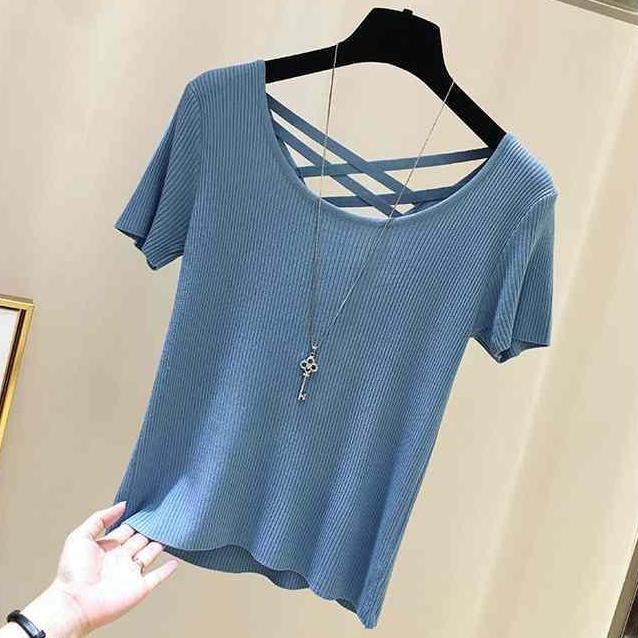 Sırtı Açık Tişört Kadın İlkbahar/Yaz Slim Fit Örme Kısa Kollu Tişört Buz İpek Tişört Örme Üst