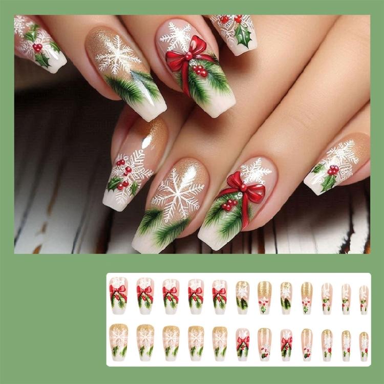 24PCS Artificial Nail Winter Snowflake Bows Design Artificial Nail For Professional Daily Use Manicure Fingernails