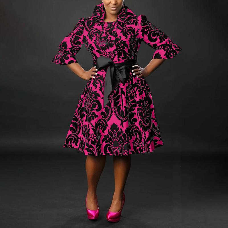 

Женские платья больших размеров с воротником-рубашкой и коротким рукавом с принтом и завязками XL темно-розовый