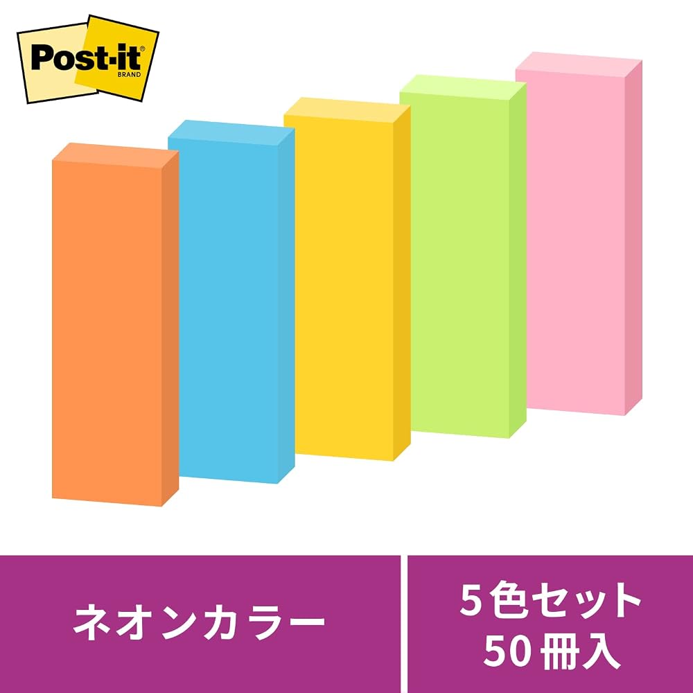 3M Post-it Notes Strong Adhesive Thin Neon Colors 75×25mm 90 Sheets Pads