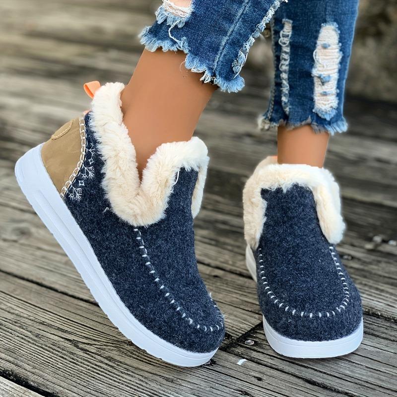 Women's Winter Ankle Boots - Slip-On Boots with Non-Slip PU Sole, Thick Cushioned insole Faux Fur-like collar - Cold Weather Shoes for Everyday