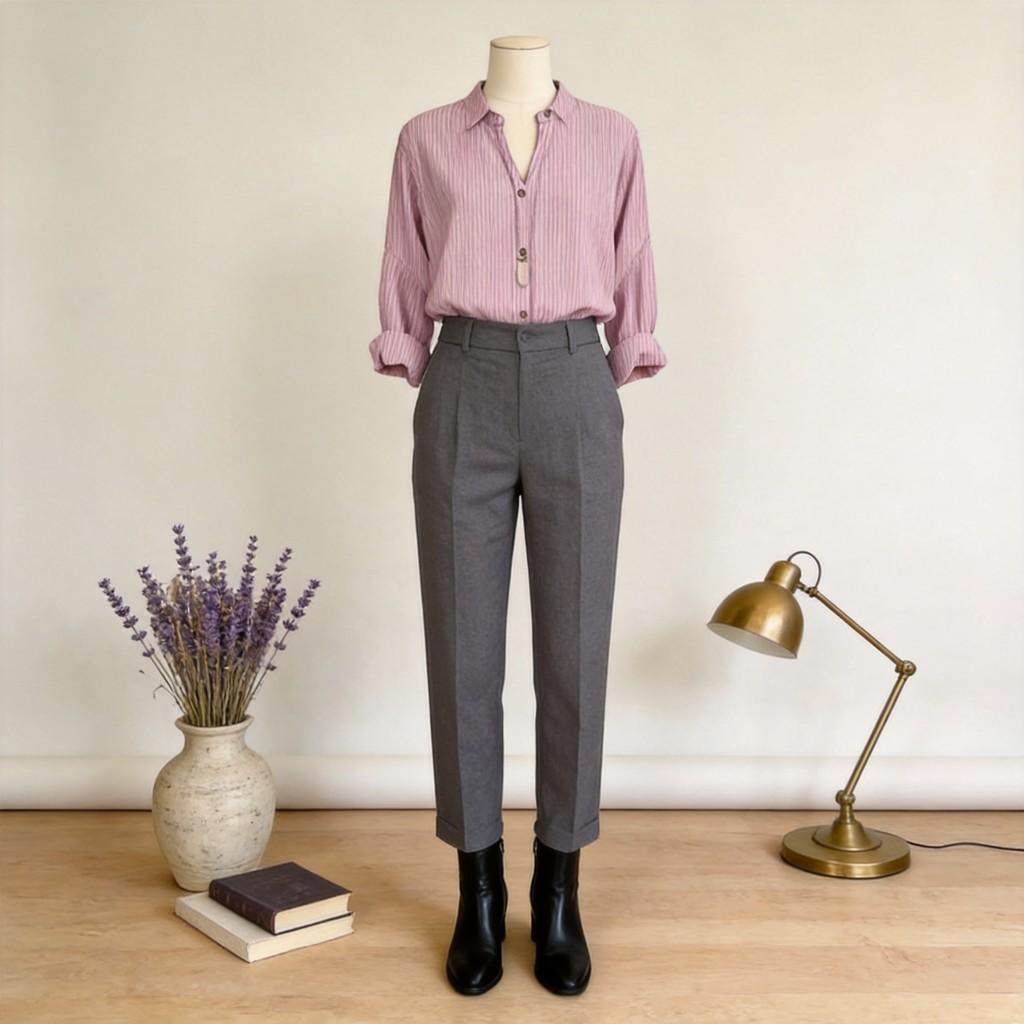 Women Autumn Winter Long Sleeve Stripe Shirt With 3d Effect And Button Details For Casual Office Wear