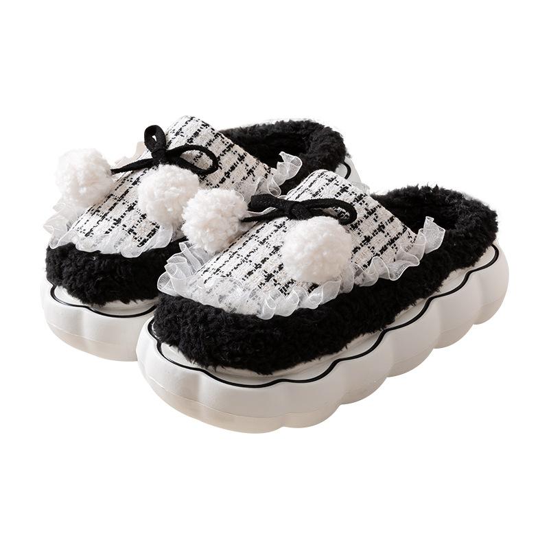 

Бархатные тапочки с бантом в стиле принцессы, осенне-зимние домашние милые домашние на толстой подошве, новые комнатные противоскользящие страховка 36-37