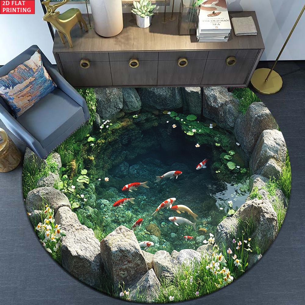 3D Natural Stone Pond Koi Fish Round Rug, Clear Water Lotus Wild Flower Print Floor Mat for Living Room Sofa Balcony Indoor Home