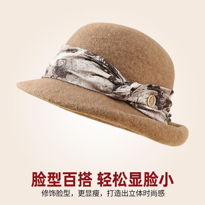Wool Hat Women's Autumn and Winter Versatile Basin Hat Wool Blended Retro Elegant Top Hat Rolled Brim Bucket Hat