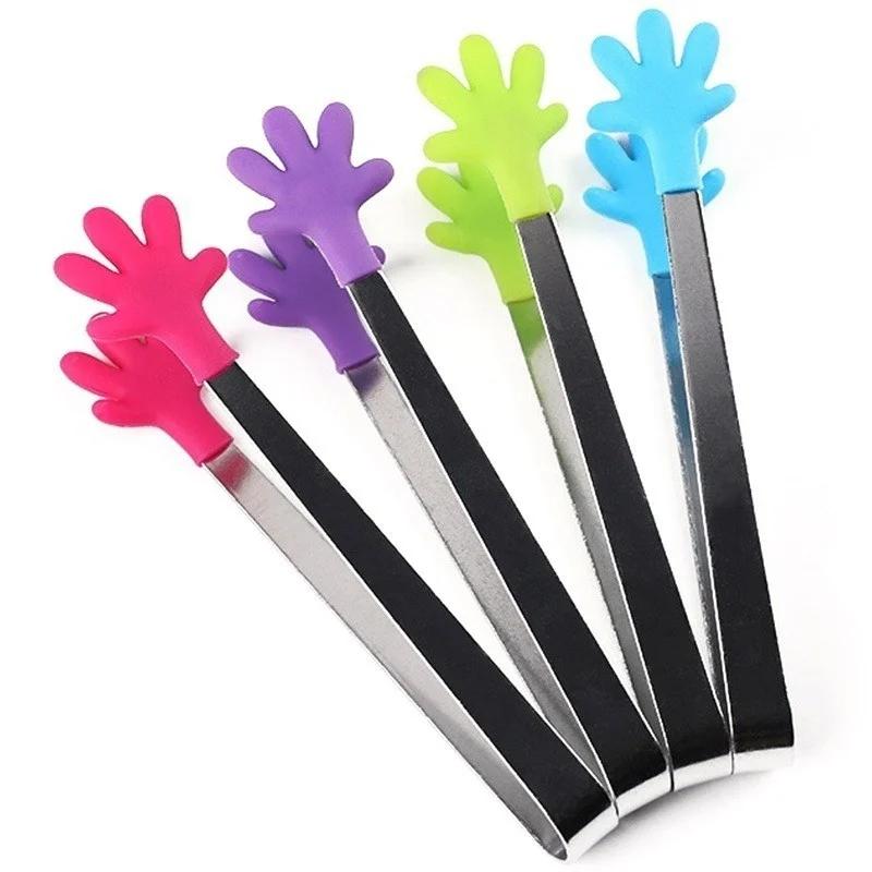 1PC Creative Small Hand Shape Silicone Food Tongs Ice Candy Kitchen Supplies Stainless Steel Non-slip Mini Utensil Random